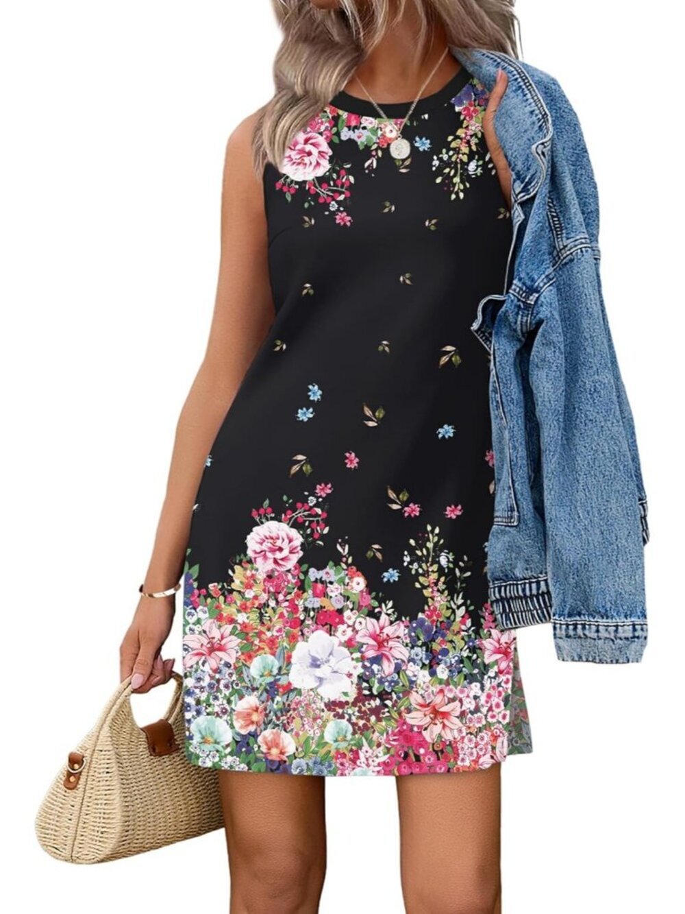 Women's Black Colorful Floral Summer Casual Dress Crewneck Sleeveless Tank Dress
